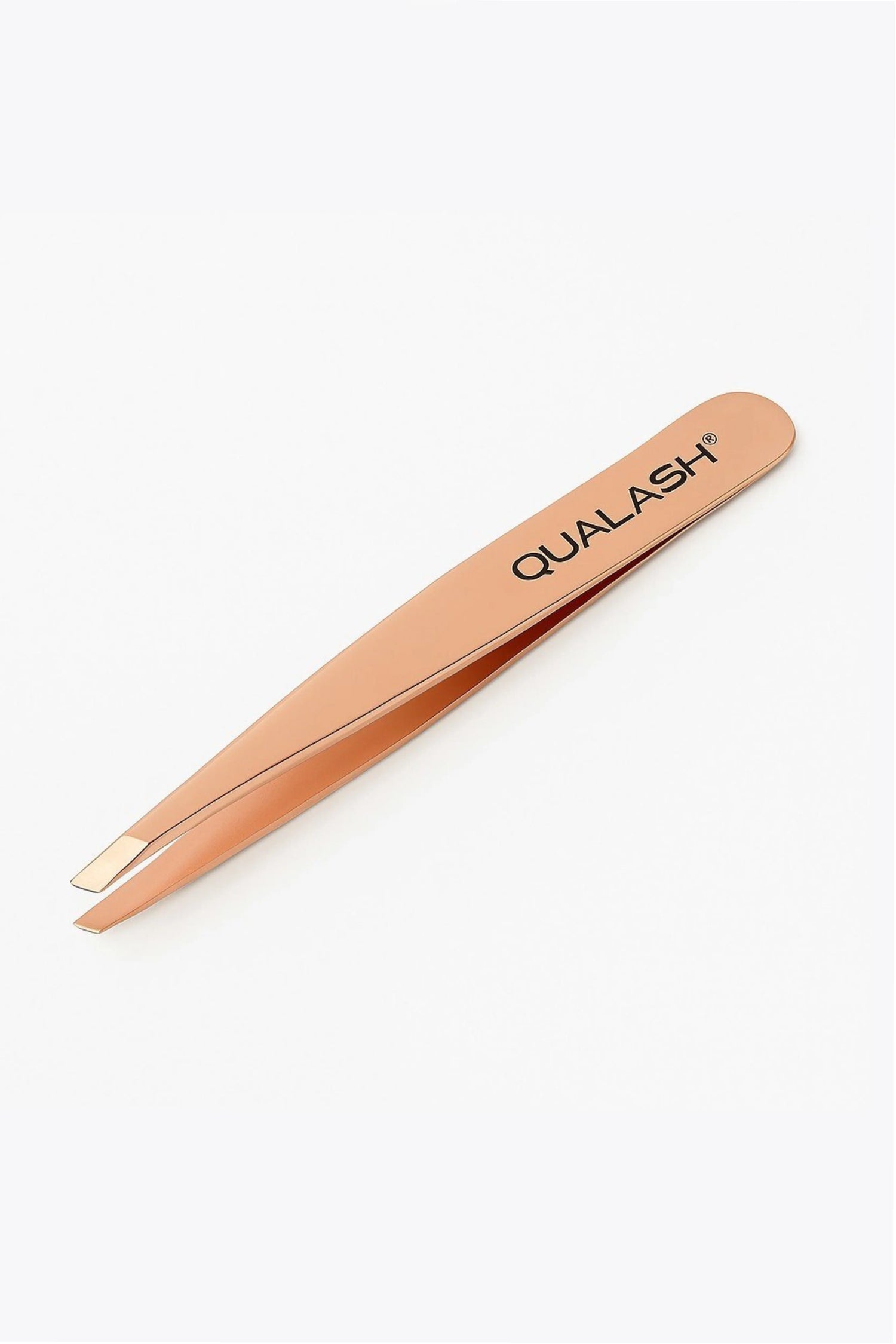 QUALASH Professional Tweezer – Close-up of slant-tip tweezer in elegant rose gold color